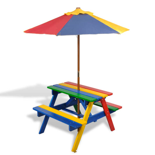 Kids' Picnic Table with Benches and Parasol Multicolour Wood