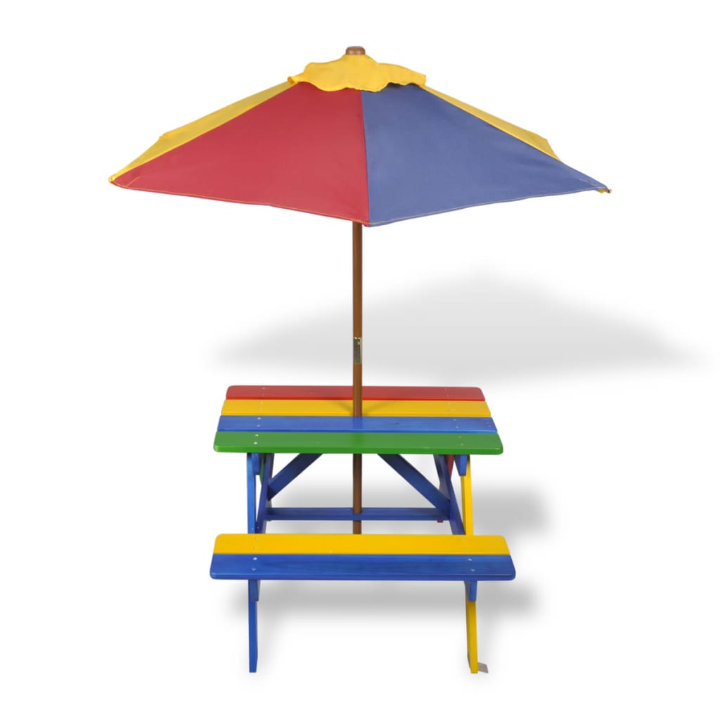 Kids' Picnic Table with Benches and Parasol Multicolour Wood