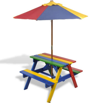 Kids' Picnic Table with Benches and Parasol Multicolour Wood