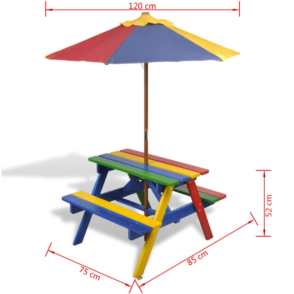 Kids' Picnic Table with Benches and Parasol Multicolour Wood