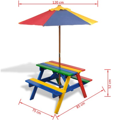 Kids' Picnic Table with Benches and Parasol Multicolour Wood