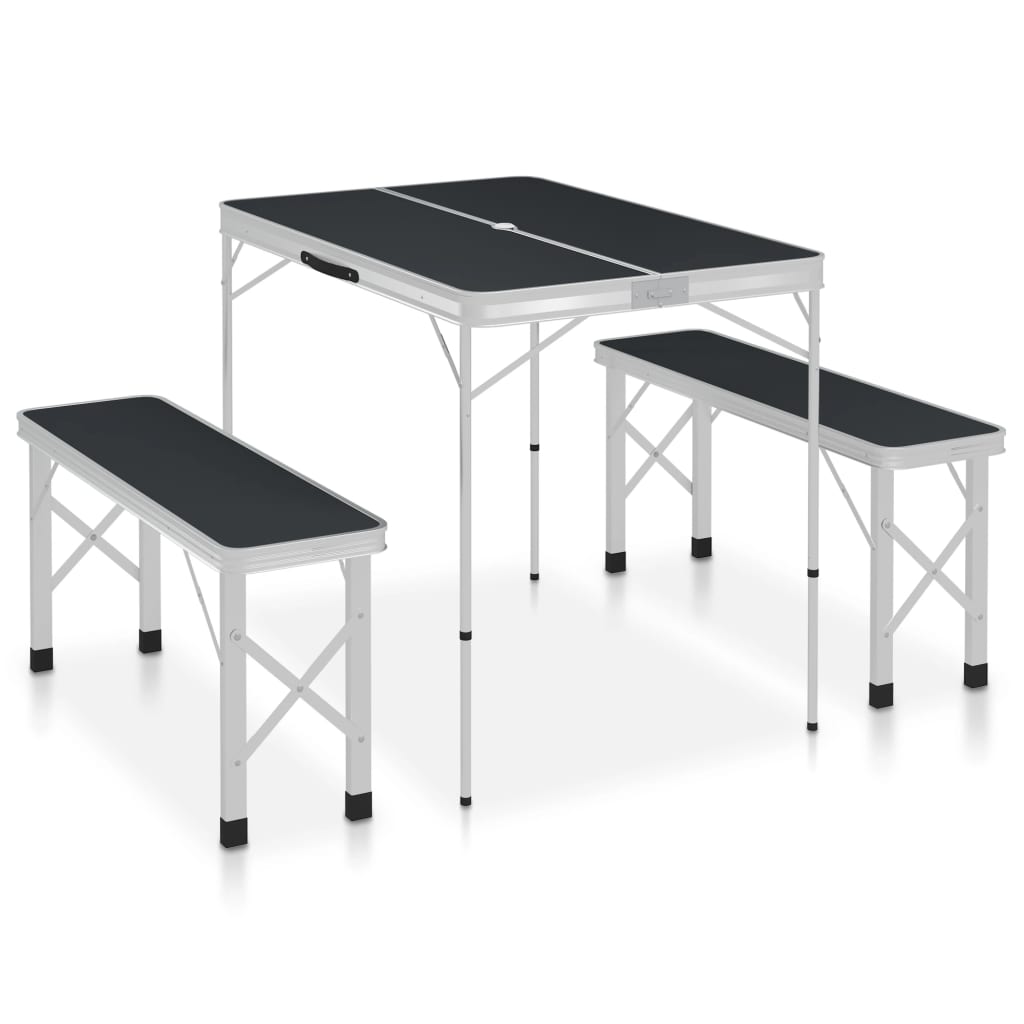 Folding Camping Table with 2 Benches Aluminium Grey