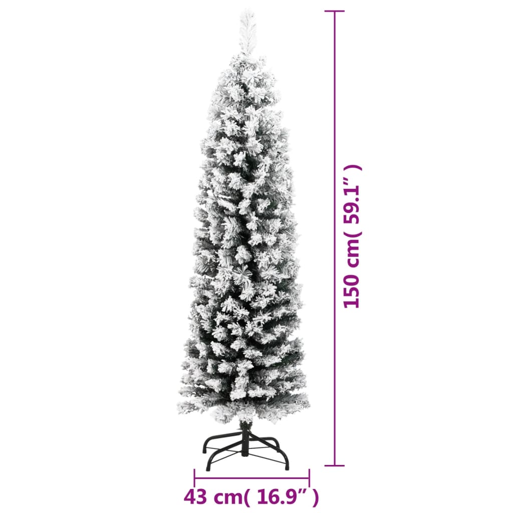 Slim Artificial Christmas Tree with Flocked Snow Green 150 cm PVC