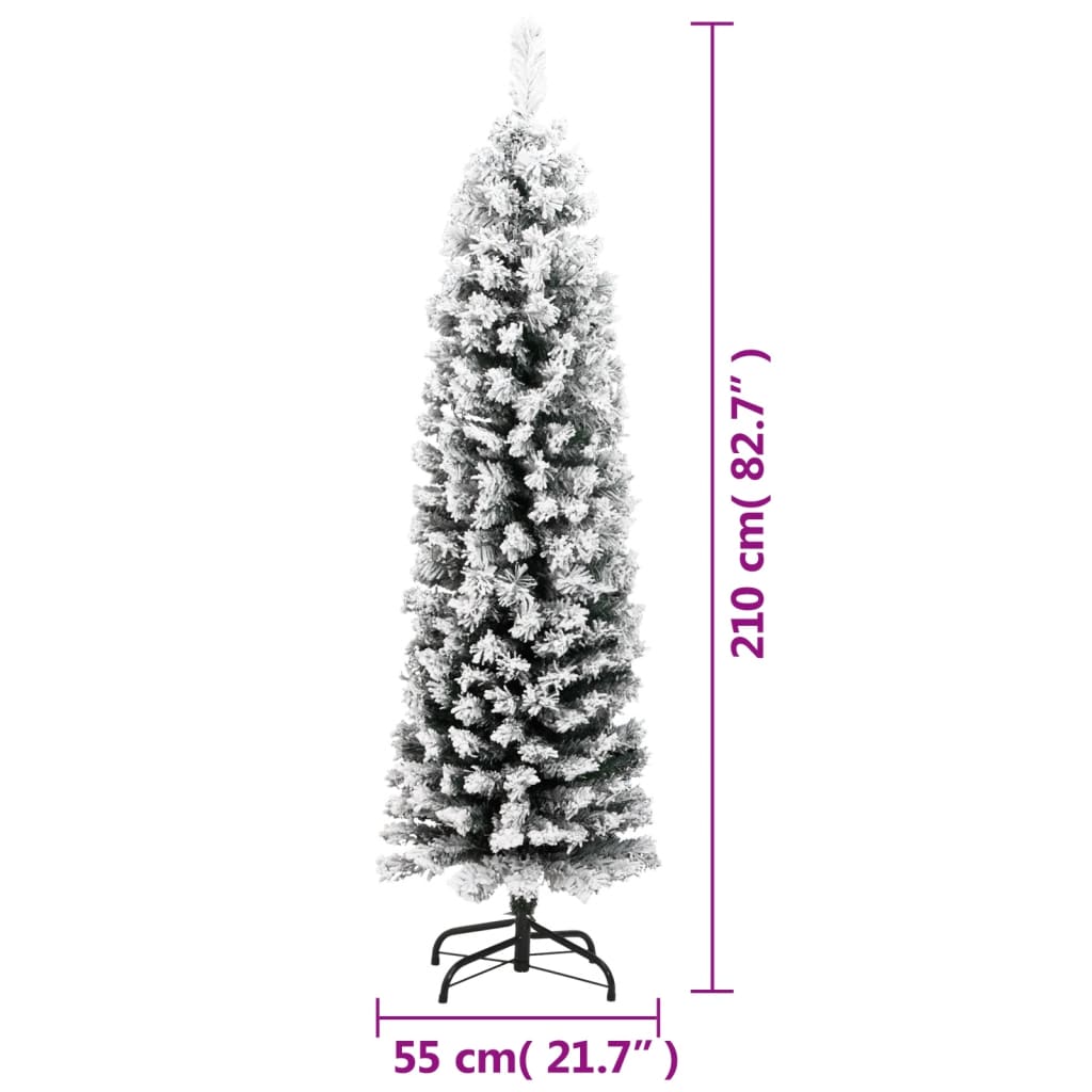 Slim Artificial Christmas Tree with Flocked Snow Green 210 cm PVC