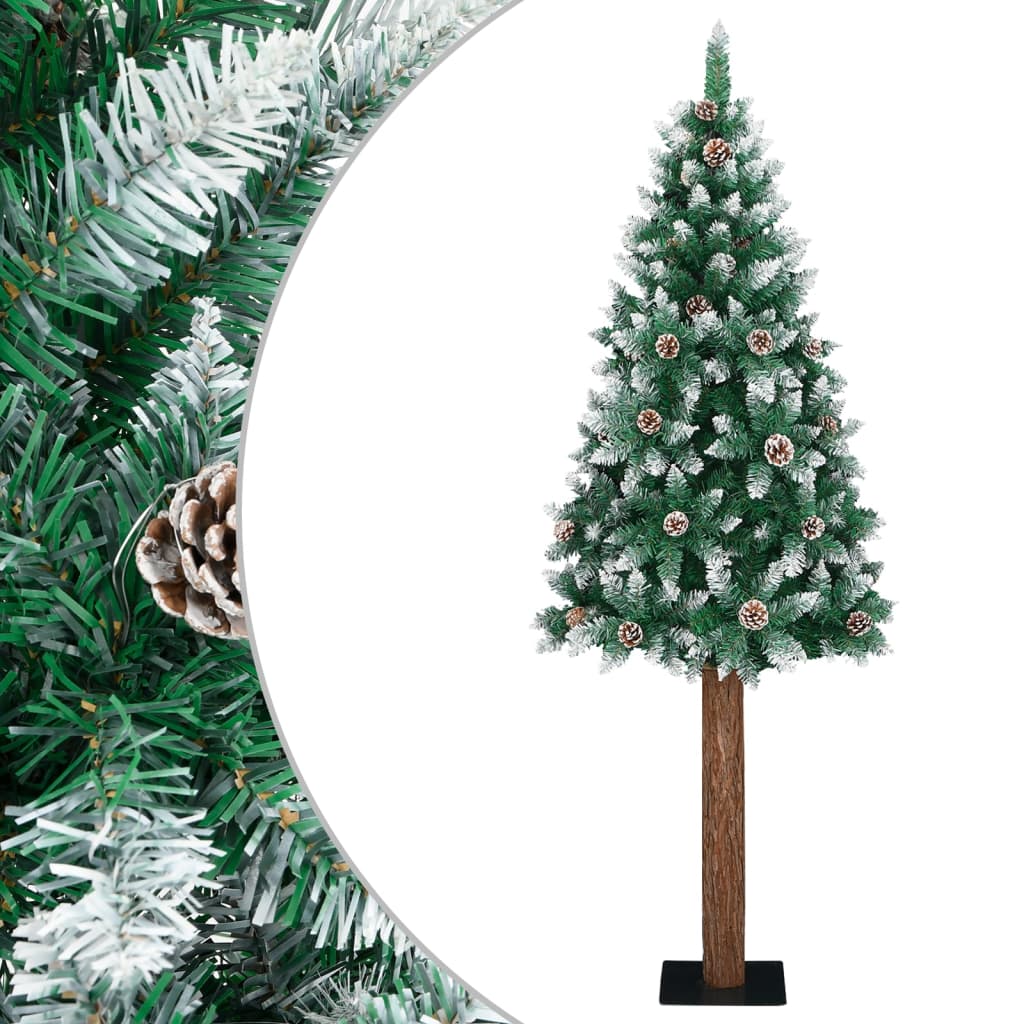 Slim Christmas Tree with Real Wood and White Snow Green 210 cm