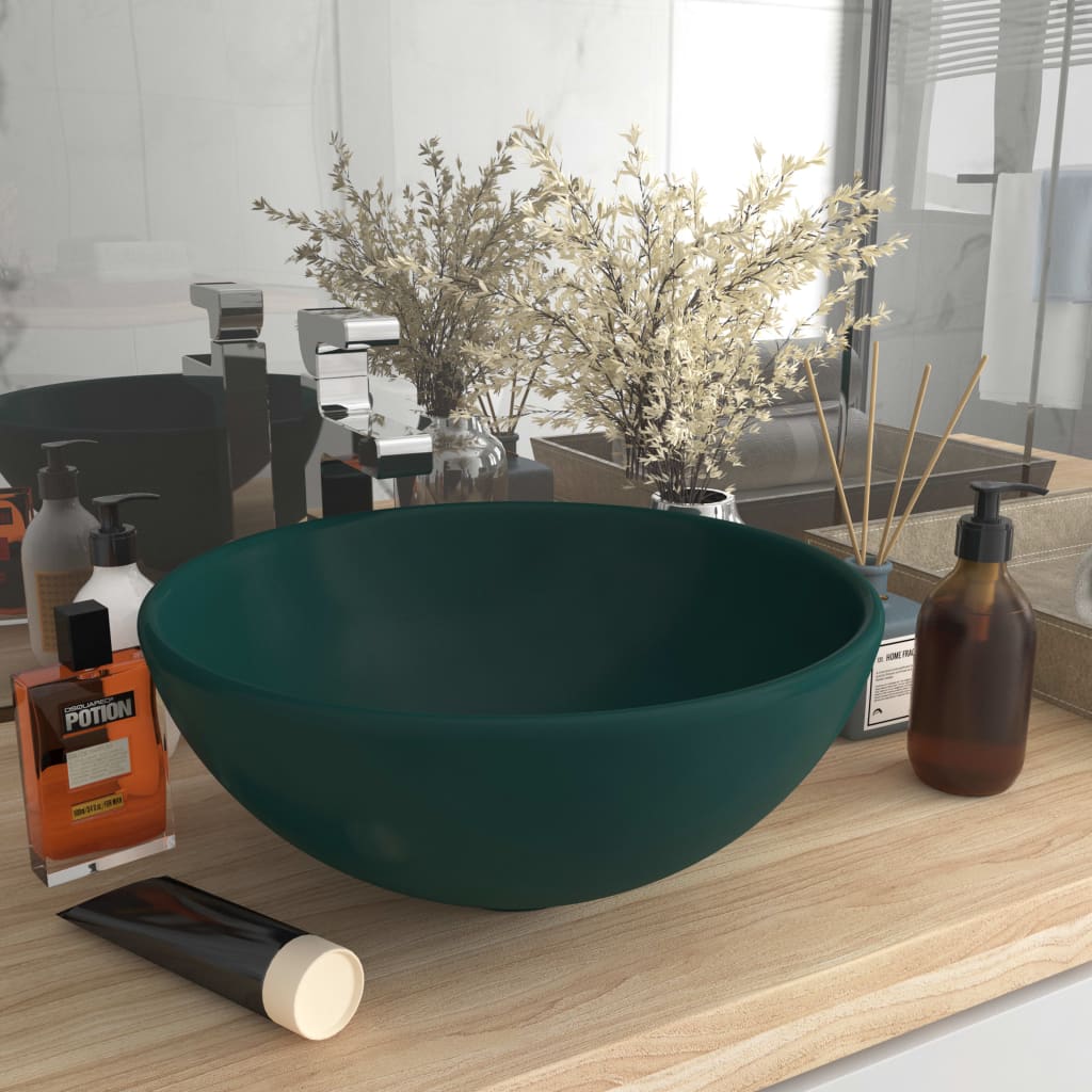 Luxury Bathroom Basin Round Matt Dark Green 32.5x14 cm Ceramic