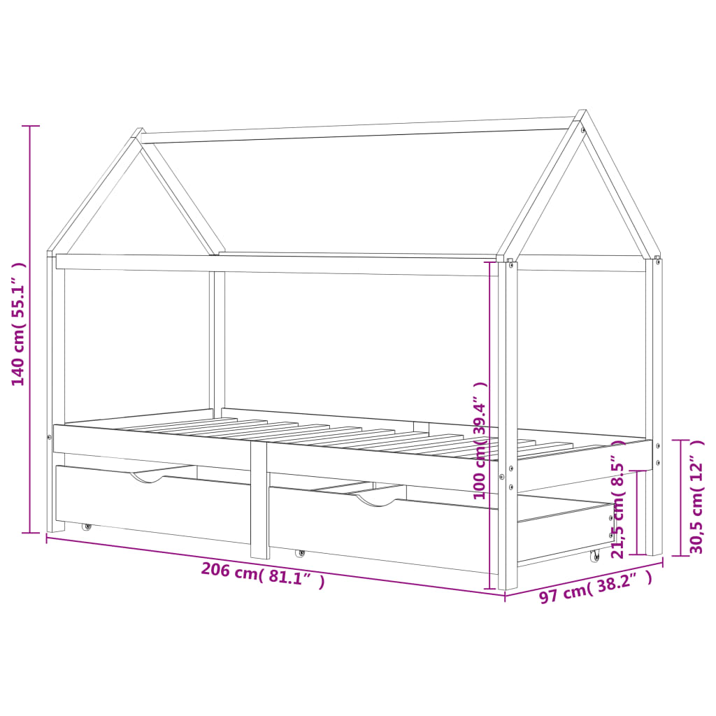 Kids Bed Frame with Drawers Solid Pine Wood 90x200 cm