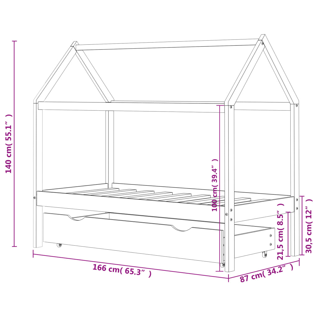 Kids Bed Frame with a Drawer White Solid Pine Wood 80x160 cm