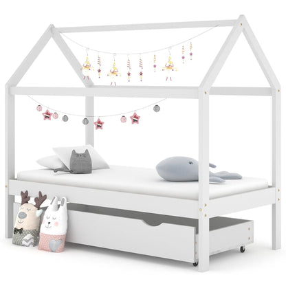 Kids Bed Frame with a Drawer White Solid Pine Wood 80x160 cm