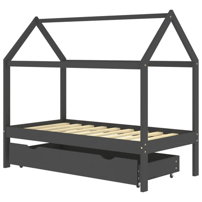 Kids Bed Frame with a Drawer Dark Grey Solid Pine Wood 80x160cm