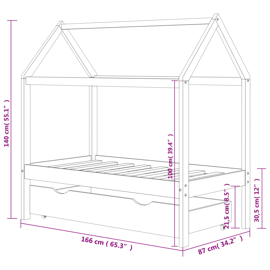 Kids Bed Frame with a Drawer Dark Grey Solid Pine Wood 80x160cm