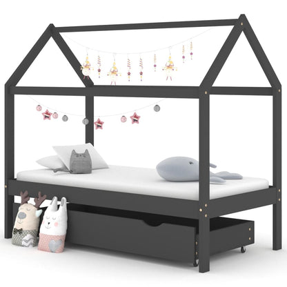 Kids Bed Frame with a Drawer Dark Grey Solid Pine Wood 80x160cm