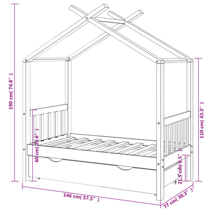 Kids Bed Frame with a Drawer White Solid Pine Wood 70x140 cm