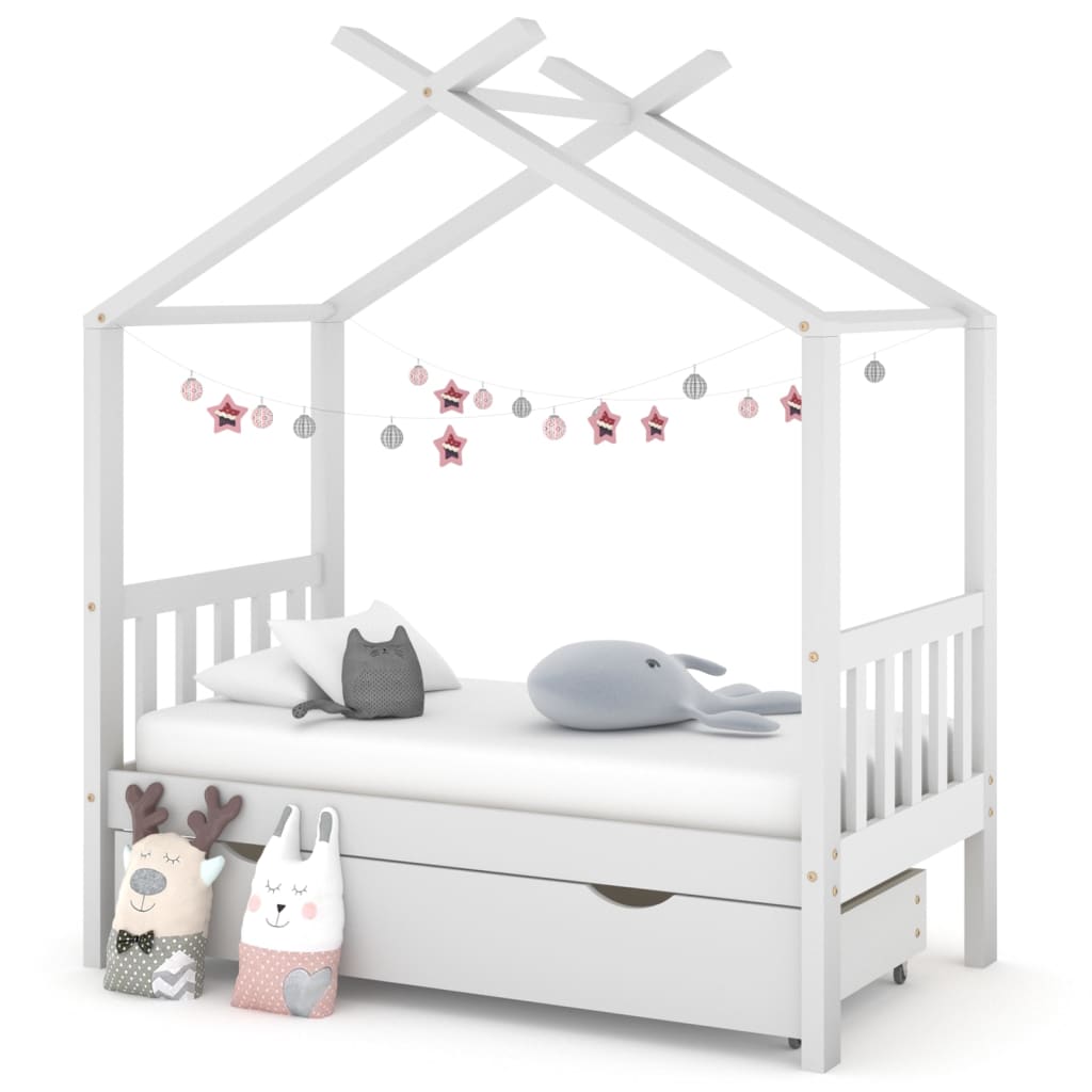 Kids Bed Frame with a Drawer White Solid Pine Wood 70x140 cm