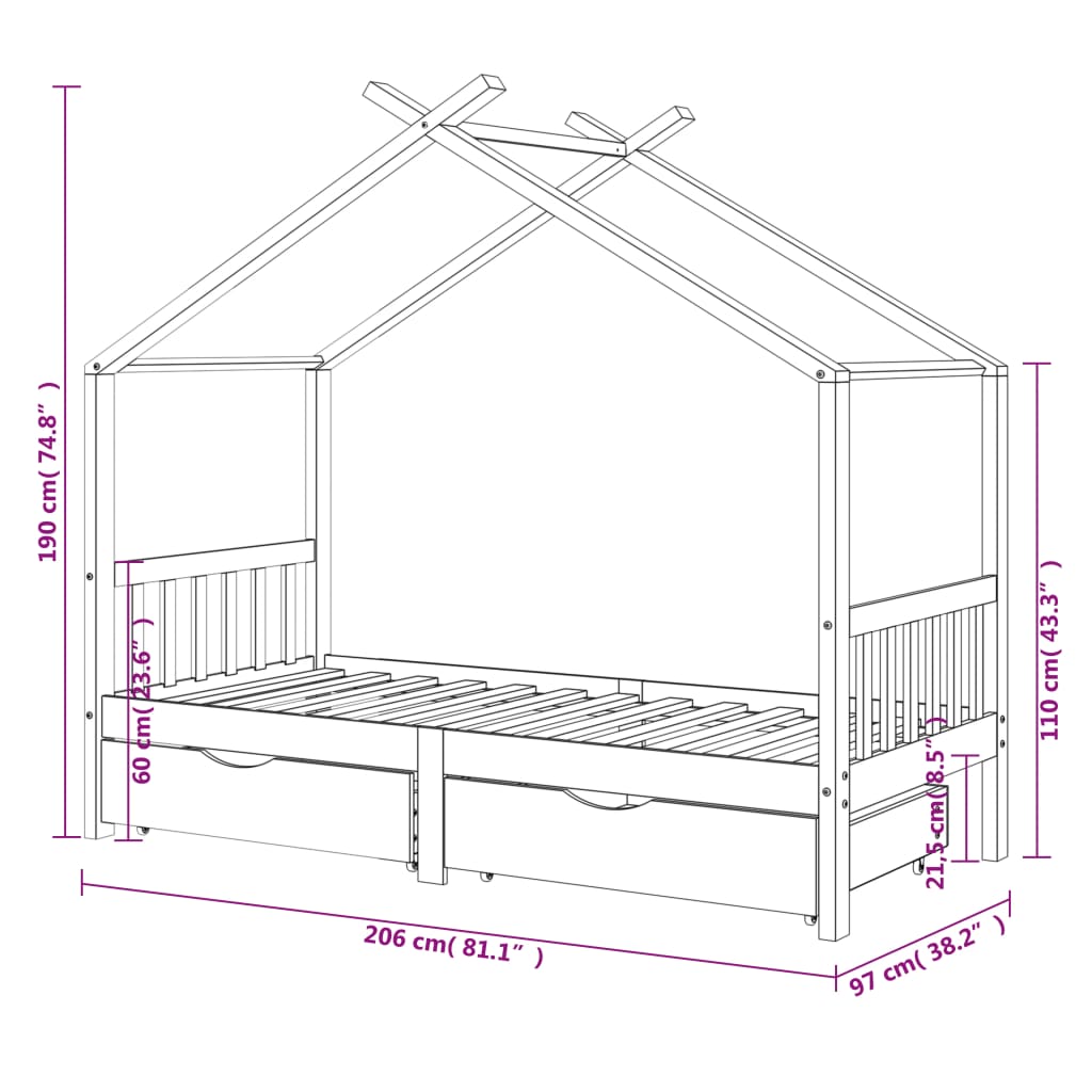 Kids Bed Frame with Drawers White Solid Pine Wood 90x200 cm