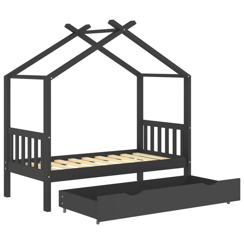 Kids Bed Frame with a Drawer Dark Grey Solid Pine Wood 80x160cm