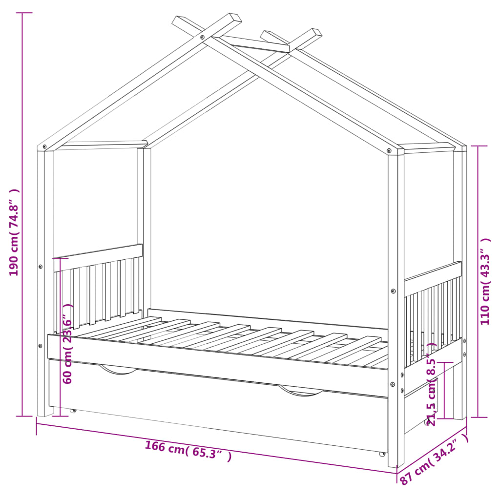 Kids Bed Frame with a Drawer Dark Grey Solid Pine Wood 80x160cm