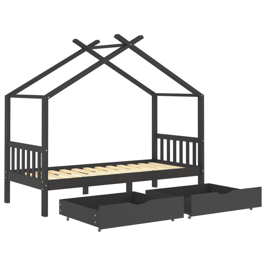 Kids Bed Frame with Drawers Dark Grey Solid Pine Wood 90x200cm