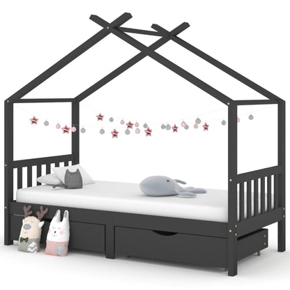 Kids Bed Frame with Drawers Dark Grey Solid Pine Wood 90x200cm