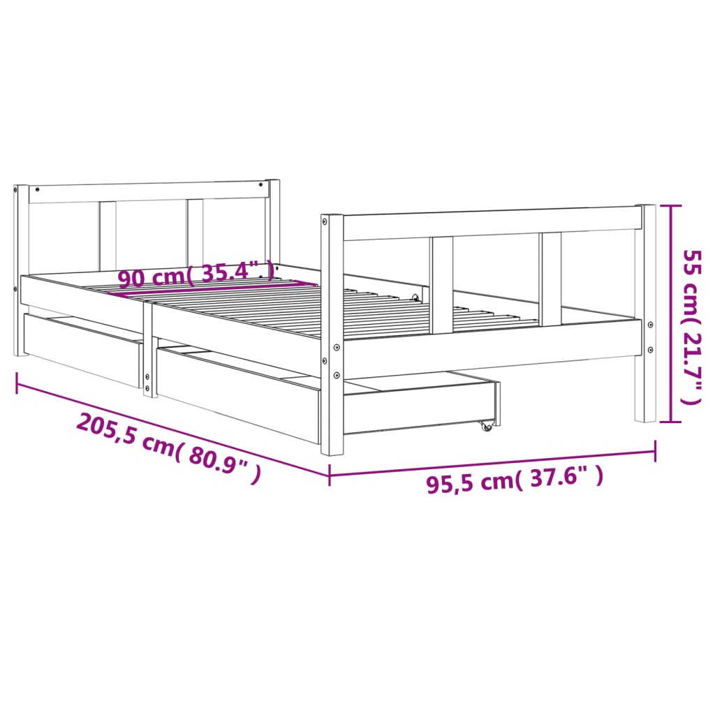 Kids Bed Frame with Drawers 90x200 cm Solid Wood Pine