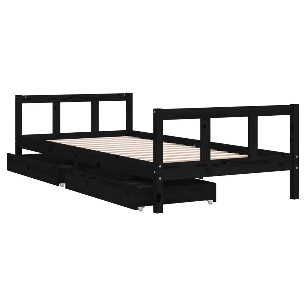 Kids Bed Frame with Drawers Black 90x200 cm Solid Wood Pine