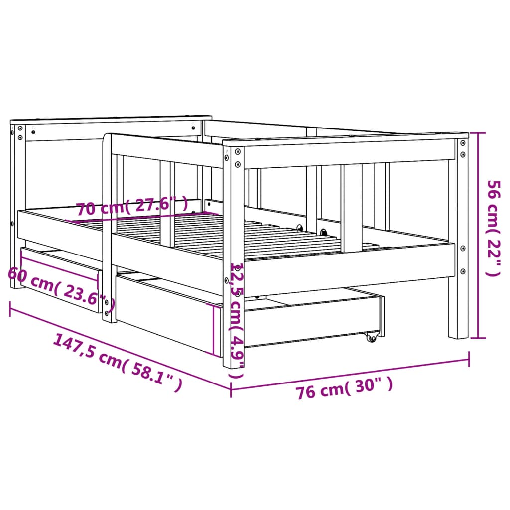 Kids Bed Frame with Drawers White 70x140 cm Solid Wood Pine