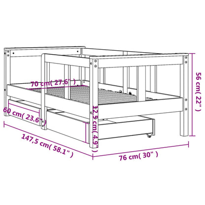 Kids Bed Frame with Drawers White 70x140 cm Solid Wood Pine