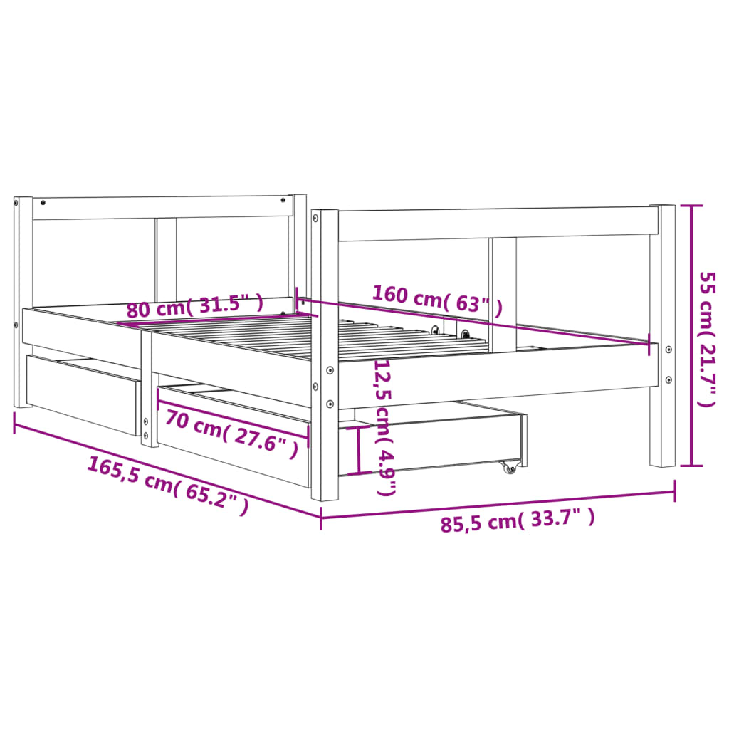 Kids Bed Frame with Drawers White 80x160 cm Solid Wood Pine