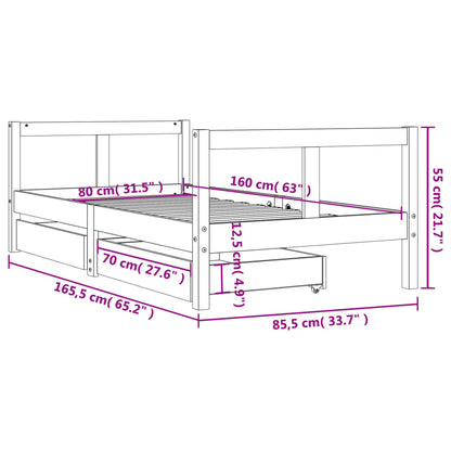 Kids Bed Frame with Drawers White 80x160 cm Solid Wood Pine