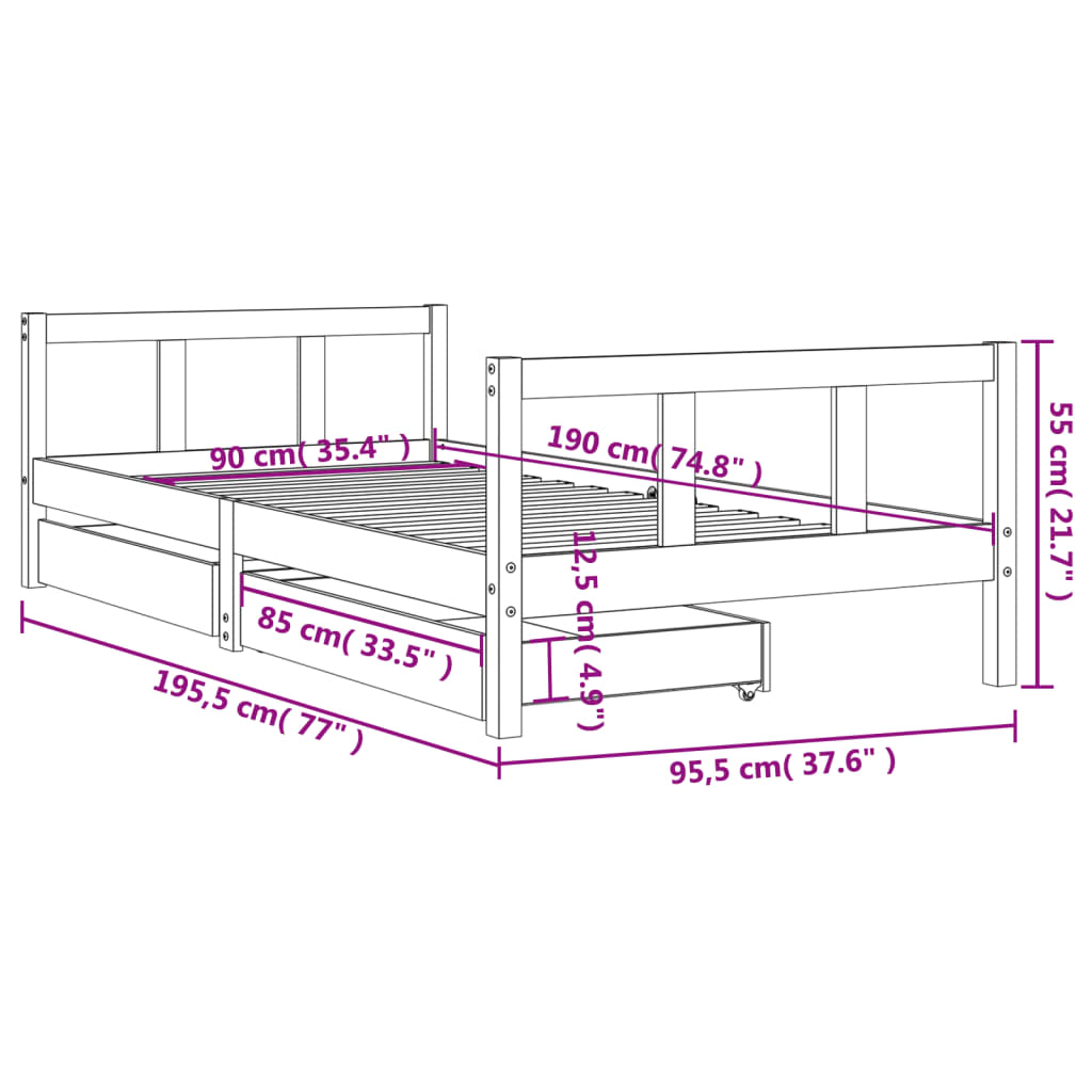 Kids Bed Frame with Drawers 90x190 cm Solid Wood Pine