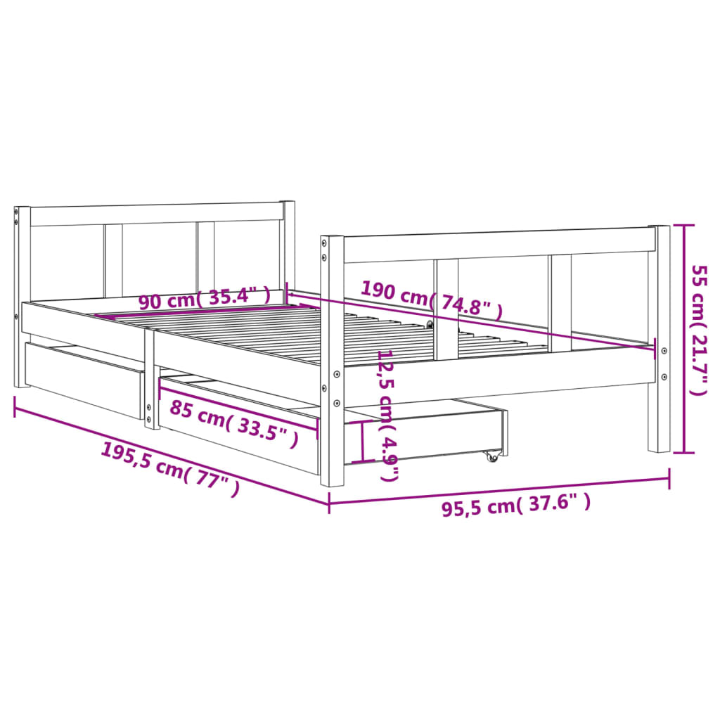 Kids Bed Frame with Drawers White 90x190 cm Solid Wood Pine