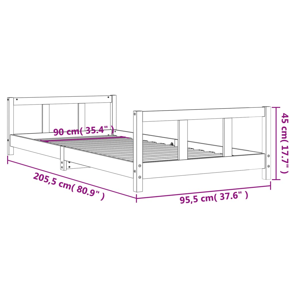 Kids Bed Frame Black 90x200 cm Solid Wood Pine