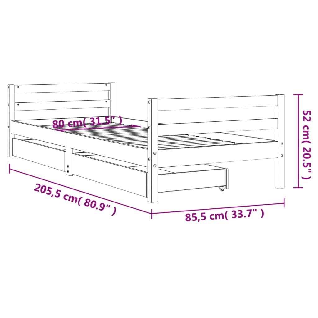 Kids Bed Frame with Drawers White 80x200 cm Solid Wood Pine