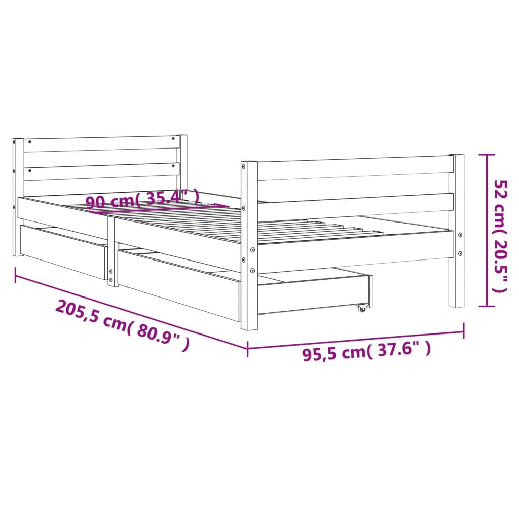 Kids Bed Frame with Drawers White 90x200 cm Solid Wood Pine