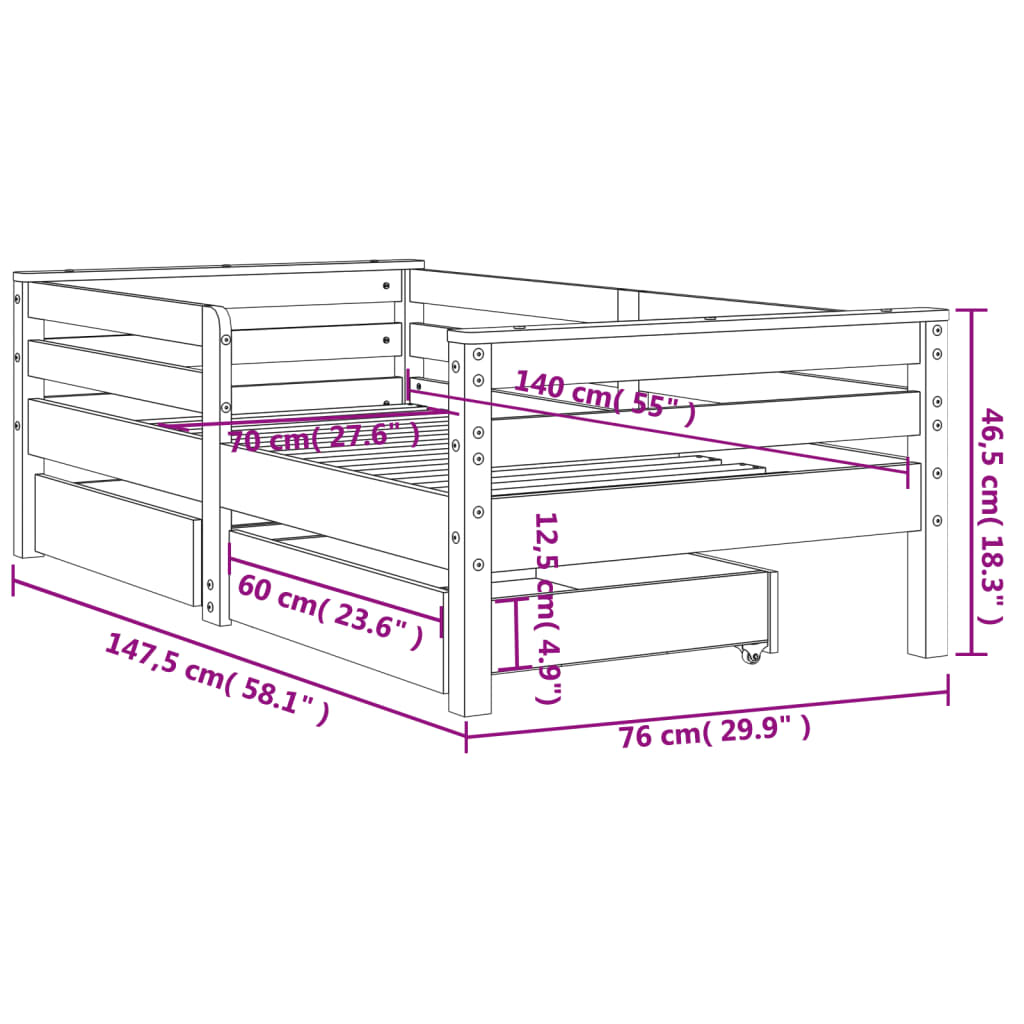 Kids Bed Frame with Drawers 70x140 cm Solid Wood Pine