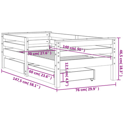 Kids Bed Frame with Drawers White 70x140 cm Solid Wood Pine