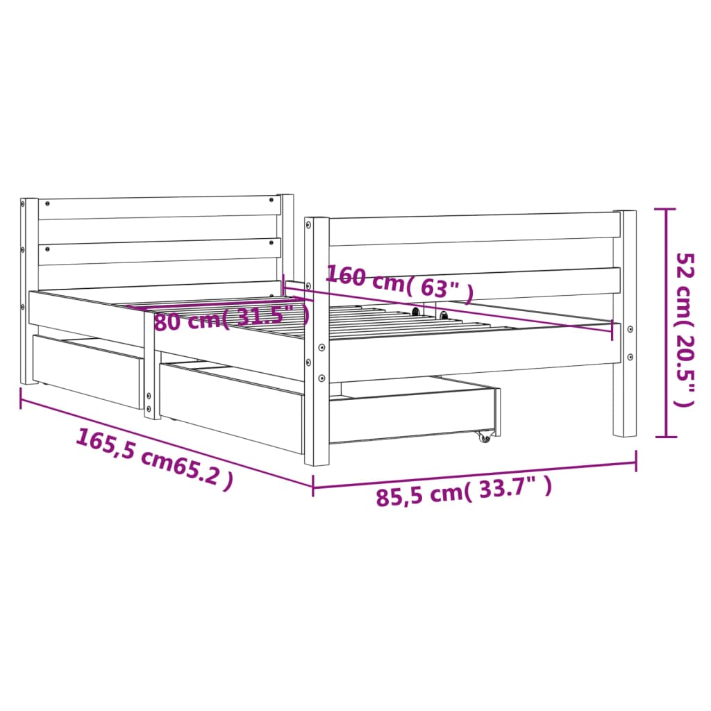 Kids Bed Frame with Drawers White 80x160 cm Solid Wood Pine