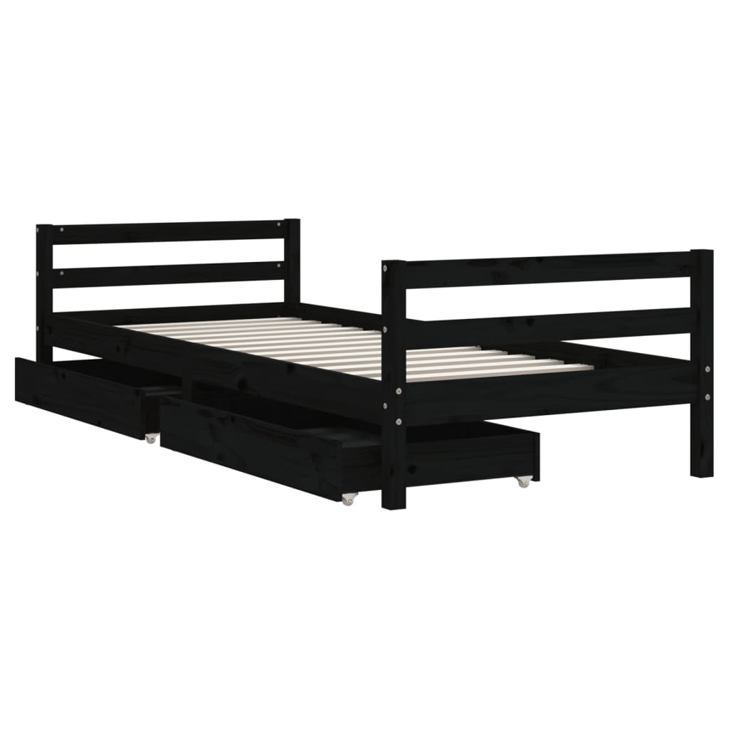 Kids Bed Frame with Drawers Black 90x190 cm Solid Wood Pine