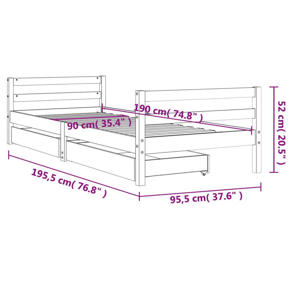 Kids Bed Frame with Drawers Black 90x190 cm Solid Wood Pine