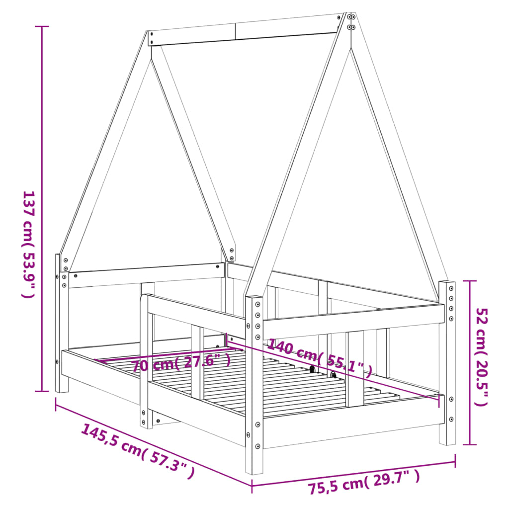 Kids Bed Frame Black 70x140 cm Solid Wood Pine