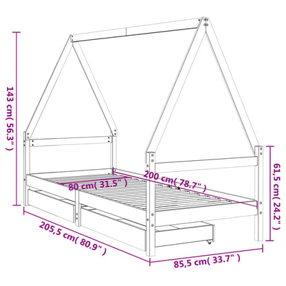 Kids Bed Frame with Drawers White 80x200 cm Solid Wood Pine