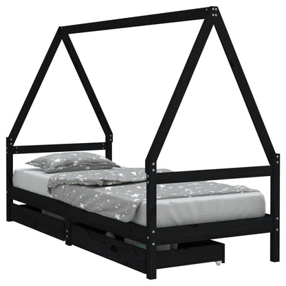 Kids Bed Frame with Drawers Black 90x200 cm Solid Wood Pine