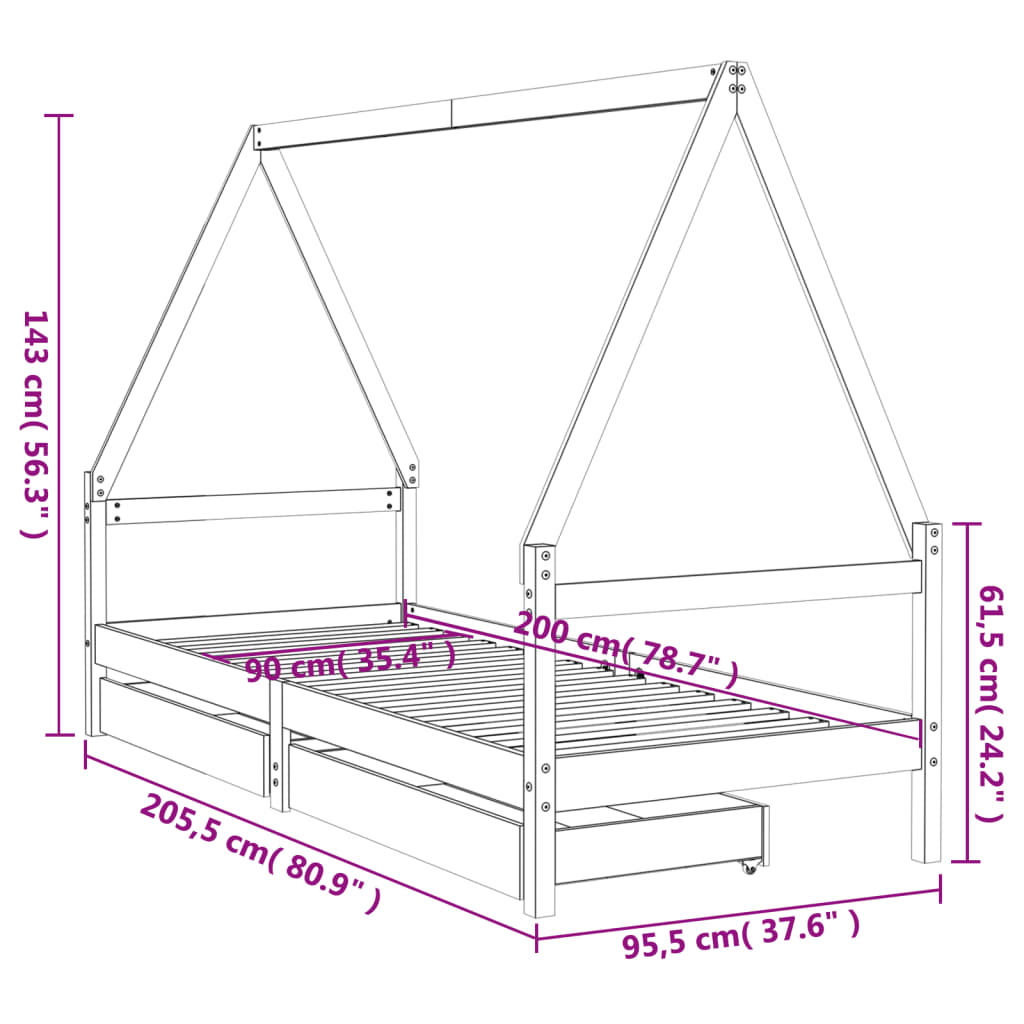 Kids Bed Frame with Drawers Black 90x200 cm Solid Wood Pine