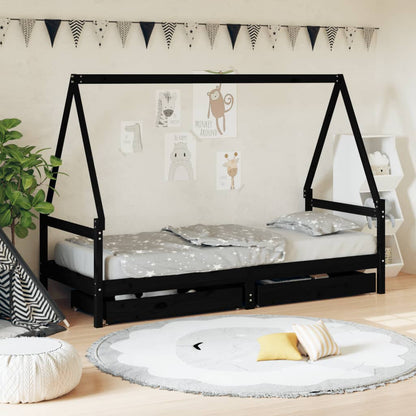 Kids Bed Frame with Drawers Black 90x200 cm Solid Wood Pine