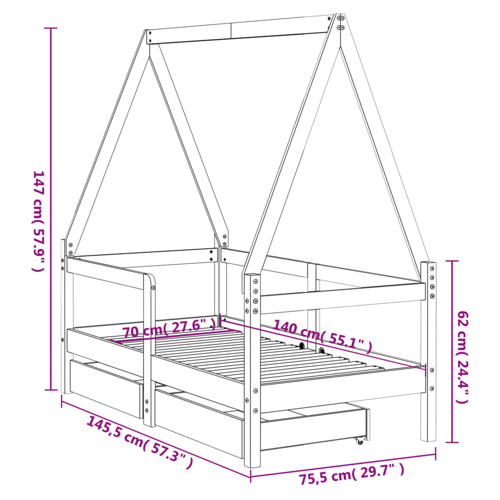 Kids Bed Frame with Drawers 70x140 cm Solid Wood Pine