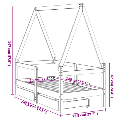 Kids Bed Frame with Drawers White 70x140 cm Solid Wood Pine