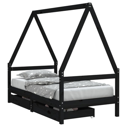 Kids Bed Frame with Drawers Black 80x160 cm Solid Wood Pine