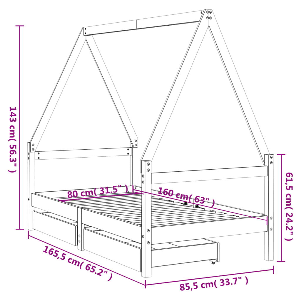 Kids Bed Frame with Drawers Black 80x160 cm Solid Wood Pine