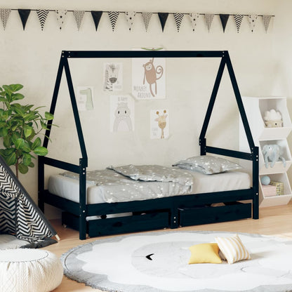 Kids Bed Frame with Drawers Black 80x160 cm Solid Wood Pine