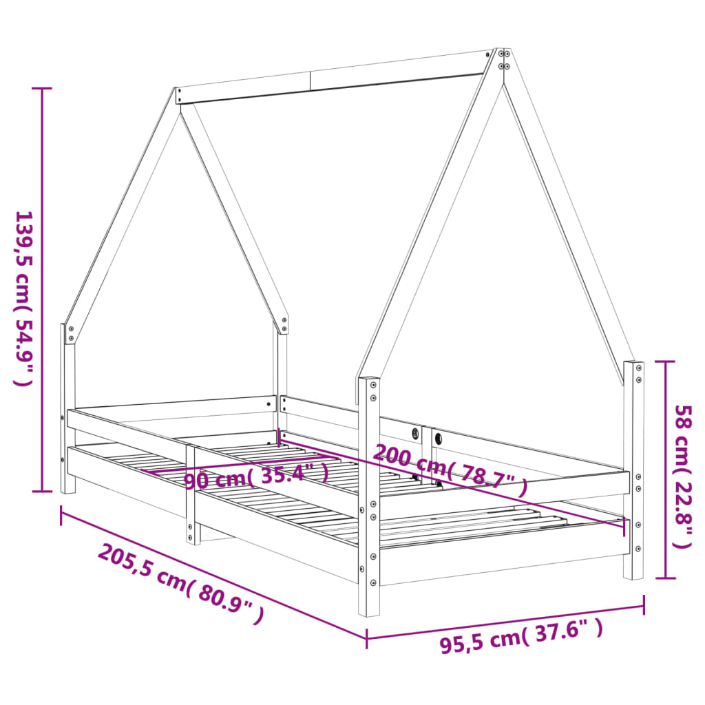 Kids Bed Frame 90x200 cm Solid Wood Pine